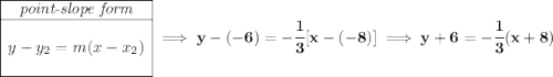 \bf \begin{array}{|c|ll} \cline{1-1} \textit{point-slope form}\\ \cline{1-1} \\ y-y_2=m(x-x_2) \\\\ \cline{1-1} \end{array}\implies y-(-6)=-\cfrac{1}{3}[x-(-8)]\implies y+6=-\cfrac{1}{3}(x+8)