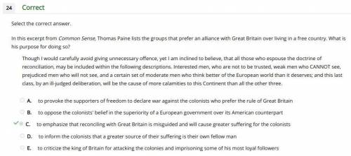 In this excerpt from common sense, thomas paine lists the groups that prefer an alliance with great
