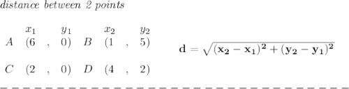 \bf \textit{distance between 2 points}\\ \quad \\&#10;\begin{array}{lllll}&#10;&x_1&y_1&x_2&y_2\\&#10;%  (a,b)&#10;A&({{ 6}}\quad ,&{{ 0}})\quad &#10;%  (c,d)&#10;B&({{ 1}}\quad ,&{{ 5}})\\\\&#10;C&({{ 2}}\quad ,&{{0}})\quad &#10;%  (c,d)&#10;D&({{ 4}}\quad ,&{{ 2}})&#10;\end{array}\qquad &#10;%  distance value&#10;d = \sqrt{({{ x_2}}-{{ x_1}})^2 + ({{ y_2}}-{{ y_1}})^2}\\\\&#10;-------------------------------\\\\
