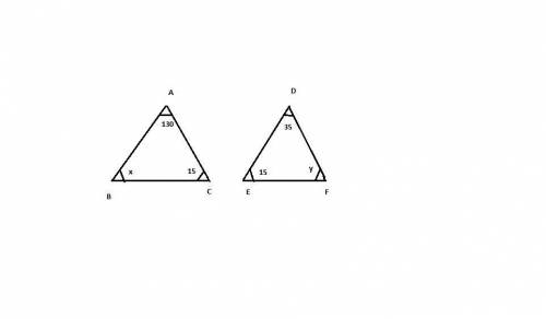 △abc has interior angles with measures 130°, x°, and 15°, and △def has interior angles with measures