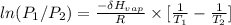 ln(P_1/P_2) = \frac{-\delta H_{vap}}{R}  \times [\frac{1}{T_1} - \frac{1}{T_2}]