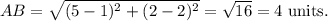 AB=\sqrt{(5-1)^2+(2-2)^2}=\sqrt{16}=4~\textup{units}.