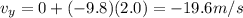 v_y = 0 +(-9.8)(2.0)=-19.6 m/s