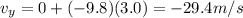v_y = 0 +(-9.8)(3.0)=-29.4 m/s