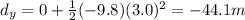 d_y = 0 + \frac{1}{2}(-9.8)(3.0)^2=-44.1 m