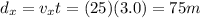 d_x = v_x t = (25)(3.0)=75 m