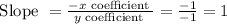 \text { Slope }=\frac{-x \text { coefficient }}{y \text { coefficient }}=\frac{-1}{-1}=1
