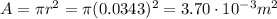 A=\pi r^2 = \pi (0.0343)^2=3.70\cdot 10^{-3} m^2