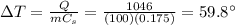 \Delta T = \frac{Q}{m C_s}=\frac{1046}{(100)(0.175)}=59.8^{\circ}