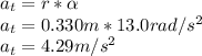 a_t=r*\alpha\\a_t=0.330m*13.0rad/s^2\\a_t=4.29m/s^2