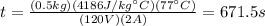 t=\frac{(0.5kg)(4186J/kg^{\circ}C)(77^{\circ}C)}{(120V)(2A)}=671.5s