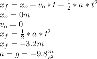 x_{f}=x_{o}+v_{o}*t+\frac{1}{2}*a*t^{2}\\x_{o}=0m\\v_{o}=0\\x_{f}=\frac{1}{2}*a*t^{2}\\x_{f}=-3.2m \\a=g=-9.8\frac{m}{s^{2}} \\