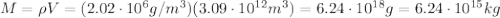 M=\rho V=(2.02\cdot 10^6 g/m^3)(3.09\cdot 10^{12} m^3)=6.24\cdot 10^{18} g=6.24\cdot 10^{15} kg