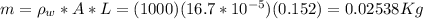 m=\rho_w*A*L = (1000)(16.7*10^{-5})(0.152)= 0.02538Kg