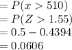 =P(x510)\\= P(Z1.55)\\=0.5-0.4394\\=0.0606