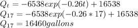 Q_{t} =-6538exp(-0.26t)+16538\\Q_{17} =-6538exp(-0.26*17)+16538\\Q_{17} =16460 gallons