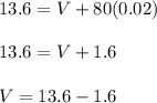 13.6 = V + 80(0.02)\\\\13.6=V+1.6\\\\V = 13.6 -1.6