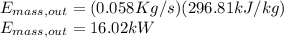 E_{mass,out}=(0.058Kg/s)(296.81kJ/kg)\\E_{mass,out}=16.02kW