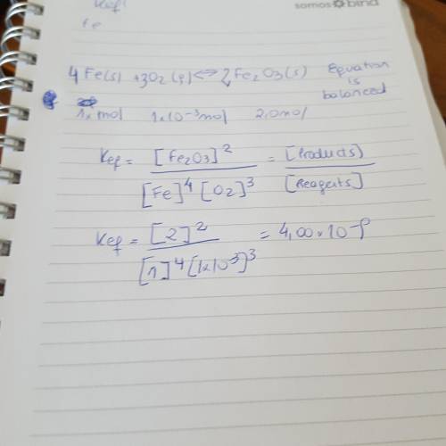 Write the equilibrium expression, calculate keq and then tell where the equilibrium lies:  fe (s) +