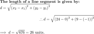 \textbf{The length of a line segment is given by:}\\$$d = \sqrt{{(x_2 - x_1)}^2 + {{(y_2 - y_1)}^2}}$$$\therefore d = \sqrt{{(24 - 0)}^2 + {(9 - (-1))}^2}$\\$\implies d = \sqrt{676} = 26$ units.