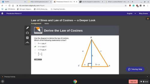 Use the diagram to derive the law of cosines. which of the following statements is true?   b = c cos