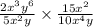 \frac{2x^{3}y^{6}}{5x^{2}y}\times \frac{15x^{2}}{10x^{4}y}