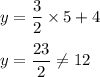 y=\dfrac{3}{2}\times 5+4\\\\y=\dfrac{23}{2}\neq 12