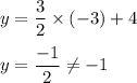 y=\dfrac{3}{2}\times (-3)+4\\\\y=\dfrac{-1}{2}\neq -1