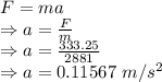 F=ma\\\Rightarrow a=\frac{F}{m}\\\Rightarrow a=\frac{333.25}{2881}\\\Rightarrow a=0.11567\ m/s^2