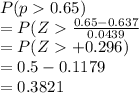 P(p0.65)\\=P(Z\frac{0.65-0.637}{0.0439} \\=P(Z+0.296)\\= 0.5-0.1179\\=0.3821