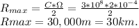 R_{max} = \frac{C*\Omega}{2} =\frac{3*10^8*2*10^{-4}}{2}\\    Rmax = 30,000 m = 30 km.