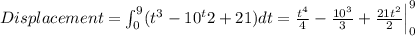 Displacement = \int \limit ^ 9_0 (t ^ 3-10 ^ t2 + 21) dt = \frac {t ^ 4} {4} - \frac {10 ^ 3} {3} + \frac {21t^2} {2} \Big| _0 ^ 9