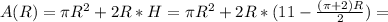 A(R)= \pi R^2+2R*H=\pi R^2+2R*(11- \frac{( \pi +2)R}{2})=