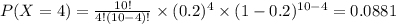 P(X=4)=\frac{10!}{4!(10-4)!}\times (0.2)^4 \times (1-0.2)^{10-4}=0.0881