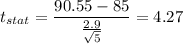t_{stat} = \displaystyle\frac{90.55 - 85}{\frac{2.9}{\sqrt{5}} } = 4.27