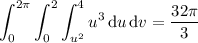\displaystyle\int_0^{2\pi}\int_0^2\int_{u^2}^4u^3\,\mathrm du\,\mathrm dv=\frac{32\pi}3