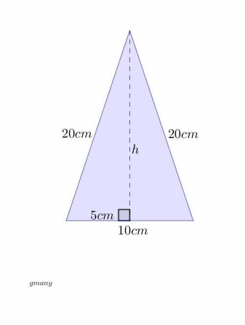 An isosceles triangle has congruent sides of 20cm. the base is 10cm. find the height of the triangle