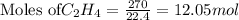 \text{Moles of}C_2H_4 =\frac{270}{22.4}=12.05mol