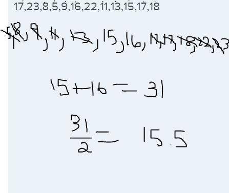 What is the median of  17,23,8,5,9,16,22,11,13,15,17,18