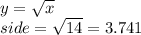 y=\sqrt{x}\\side =\sqrt{14} =3.741