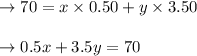 \begin{array}{l}{\rightarrow 70=x \times 0.50+y \times 3.50} \\\\ {\rightarrow 0.5 x+3.5 y=70}\end{array}