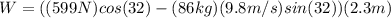 W=((599N)cos(32)-(86kg)(9.8m/s)sin(32))(2.3m)