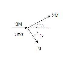 An object of mass 3m moves in the +x direction at 3 m/s. it breaks into two pices of mass m and 2m.