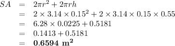 \begin{array}{rcl}SA & = & 2\pi r^{2}+ 2\pi rh \\& = & 2 \times 3. 14\times 0.15^{2} +2\times 3. 14 \times 0.15\times 0.55\\& = & 6.28\times 0.0225 + 0.5181\\& = & 0.1413 + 0.5181\\& = & \mathbf{0.6594} \textbf{ m}^{\mathbf{2}}\\\end{array}