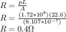 R=\frac{pL}{A}\\R=\frac{(1.72*10^{8})(22.6)}{(8.107*10^{-7})}\\R=0.4\Omega