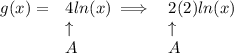 \bf \begin{array}{llll}&#10;g(x)=&4ln(x)\implies &2(2)ln(x)\\&#10;&\uparrow &\uparrow \\&#10;&A&A&#10;\end{array}