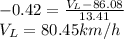 -0.42= \frac{V_{L} - 86.08}{13.41}\\V_{L} = 80.45 km/h