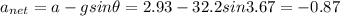 a_{net}=a-gsin\theta=2.93-32.2sin3.67=-0.87&#10;