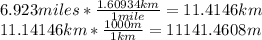 6.923miles*\frac{1.60934km}{1mile}=11.4146km\\11.14146km*\frac{1000m}{1km}=11141.4608 m