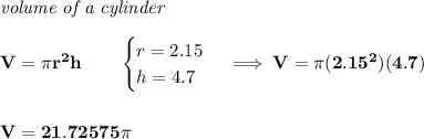 \bf \textit{volume of a cylinder}\\\\&#10;V=\pi r^2 h\qquad &#10;\begin{cases}&#10;r=2.15\\&#10;h=4.7&#10;\end{cases}\implies V=\pi (2.15^2)(4.7)\\\\\\ V=21.72575\pi